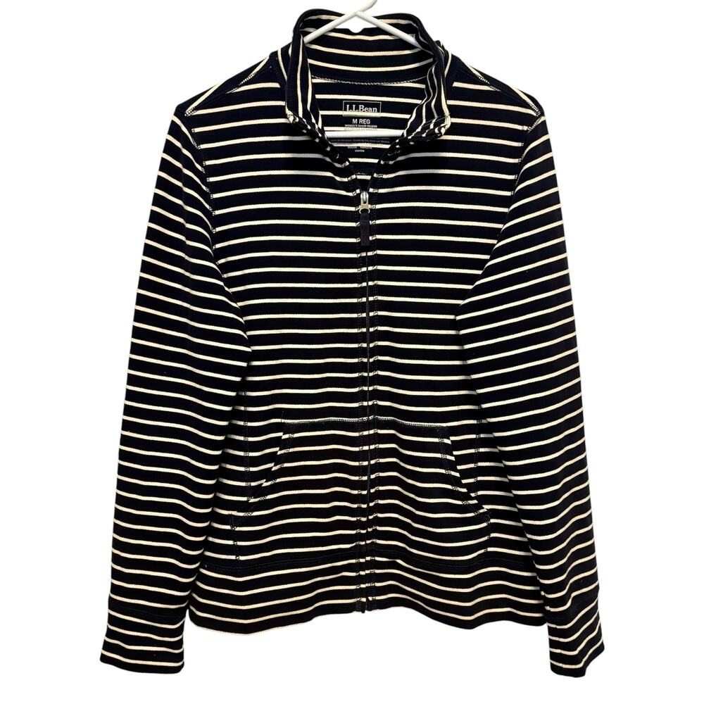 L.L. Bean Jacket Womens Medium Navy Blue White Striped Full Zip Mock Neck Casual